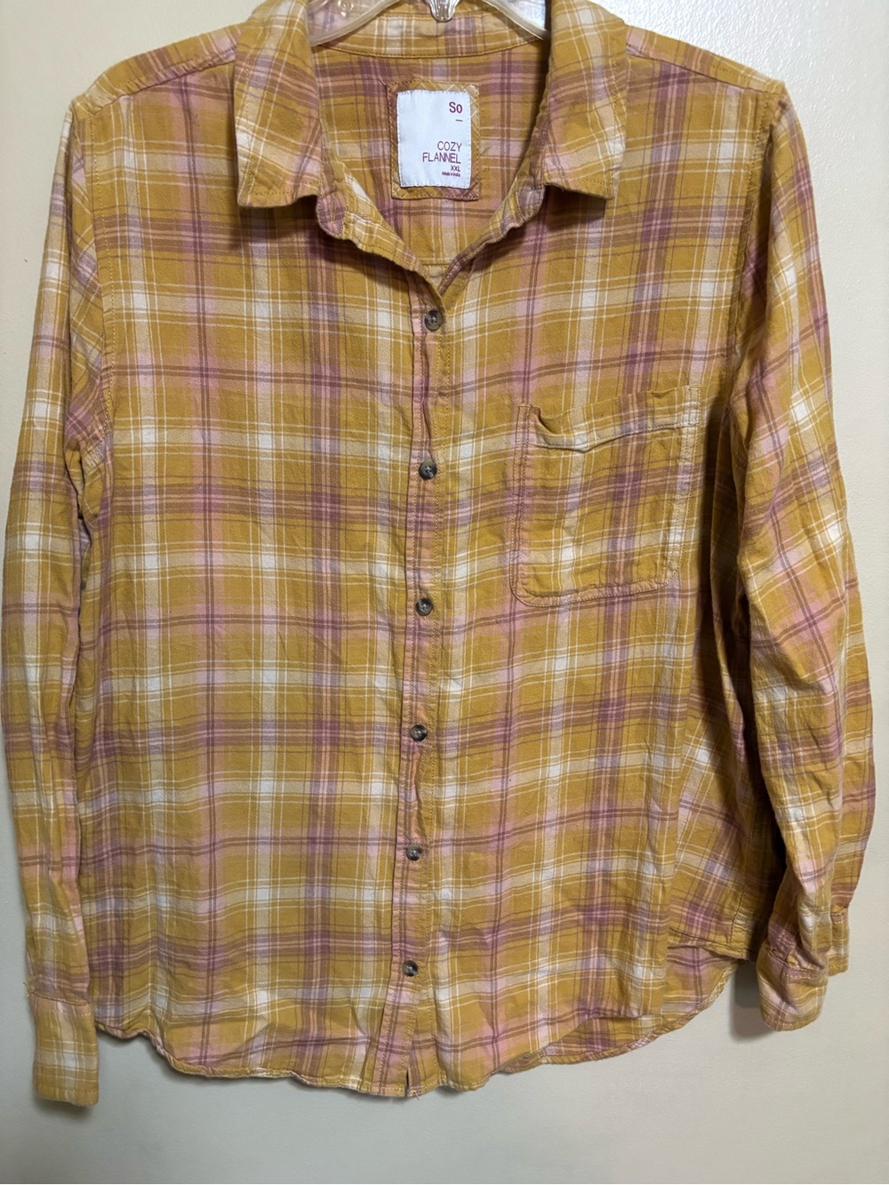 SO Mustard Plaid Button-Down Shirt with Pink Accents